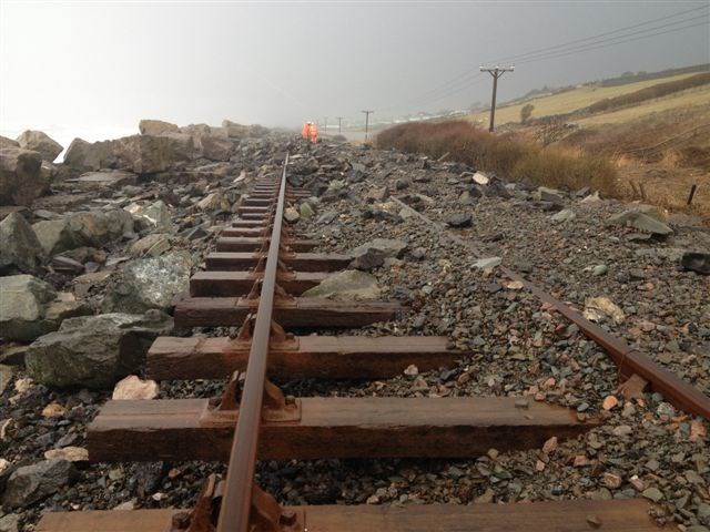 Massive operation of £10m to re-open the Cambrian Coast railway is underway: Storm damage - Llanaber, Harlech (Jan 2014)
