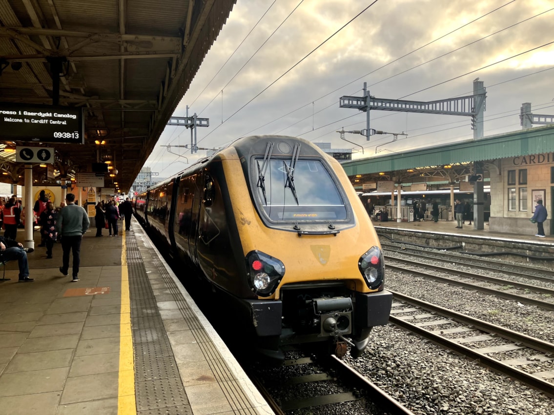 Voyager-2: CrossCountry Voyager train at Cardiff Central on 16 December 2024, shortly before completing the first direct Cardiff-Edinburgh passenger service since the 1980s.