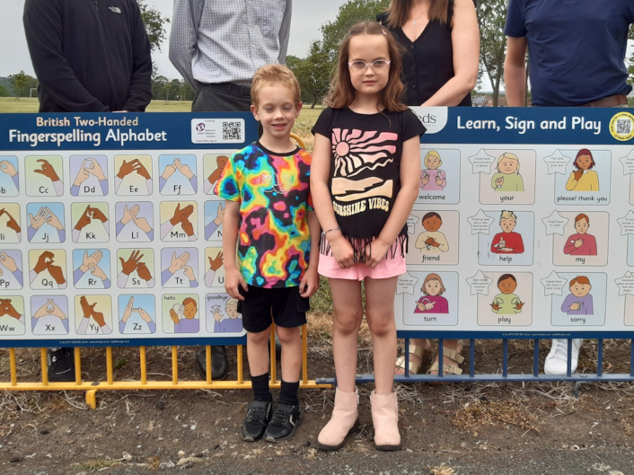 BSL signs at Stanningley Park 1: Spencer Hughes and Nicole Hughes.