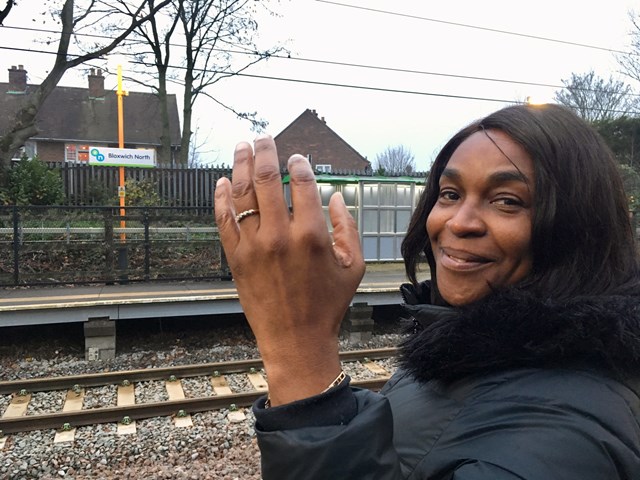 Mrs Lawrence at Bloxwich North station showing off her rescued wedding ring