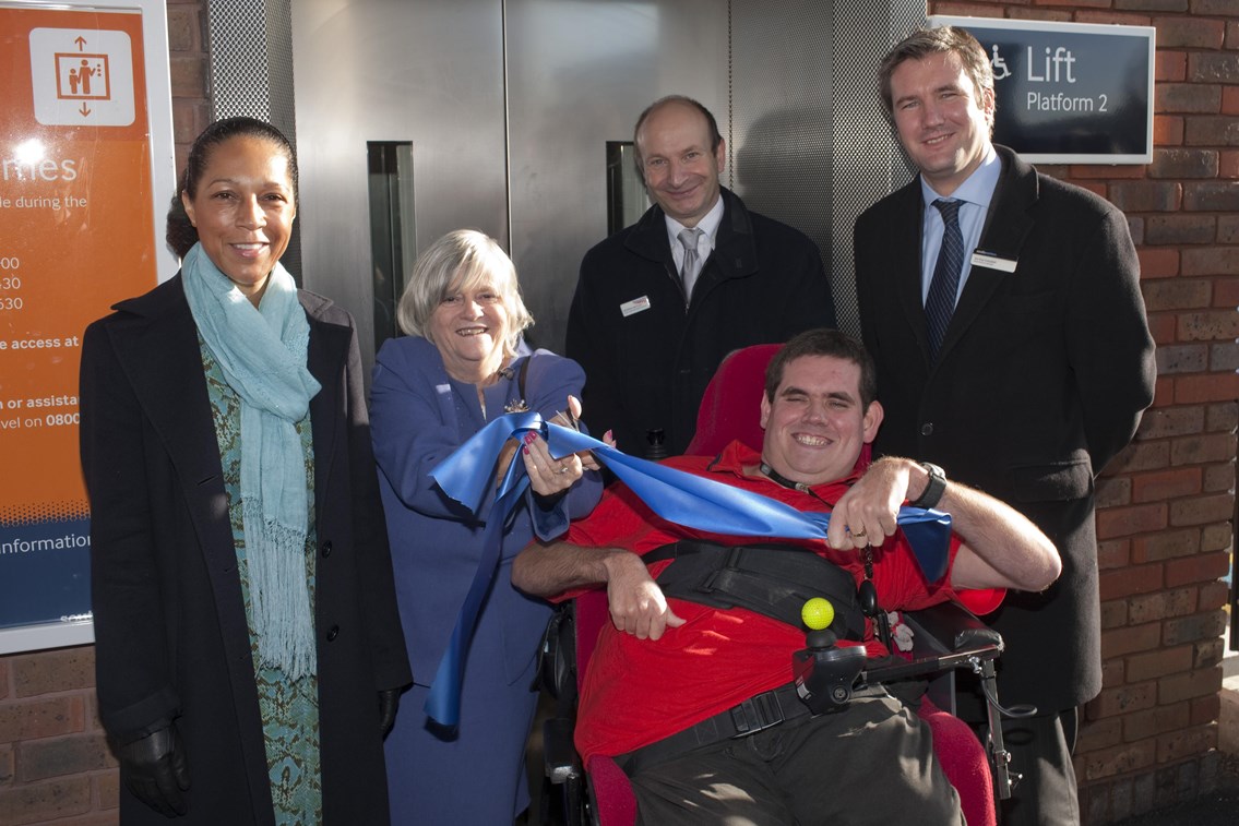 Staplehurst Access For All Opening: (From left) Helen Grant – Conservative prospective parliamentary candidate for Maidstone and the Weald; Ann Widdecombe MP for Maidstone and the Weald; Murray Motley, Network Rail; Trevallyan, resident of Sobel Lodge Cheshire Home; Jon Hay-Campbell, Southeastern.