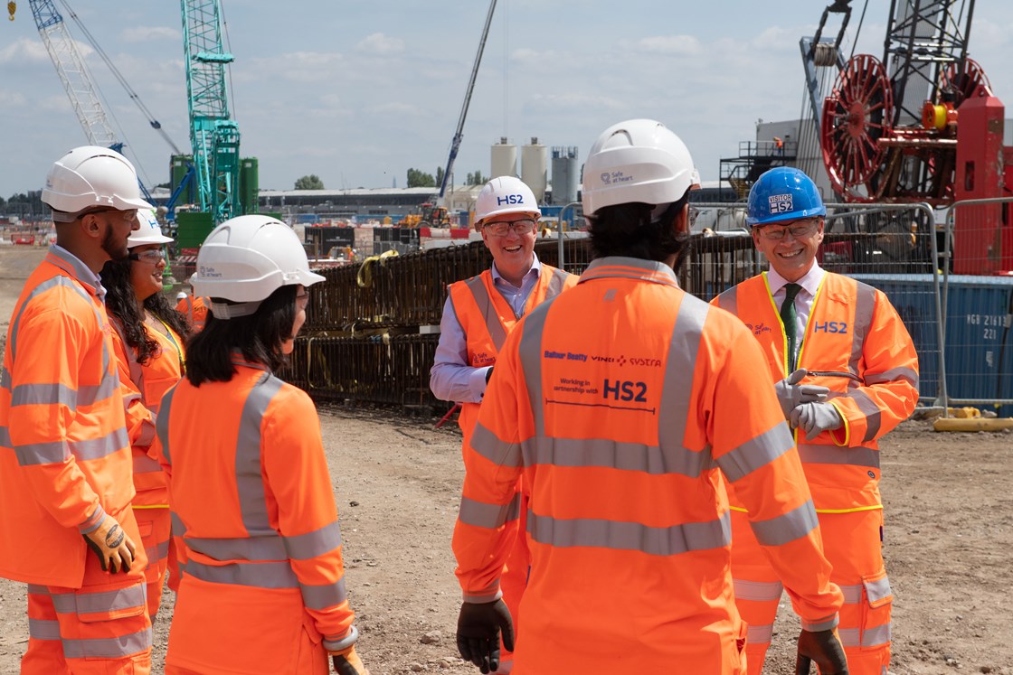 Old Oak Common Start of Construction works event: Transport Secretary Grant Shapps and Mark Thurston meet apprentices working on the construction of HS2's Old Oak Common station.