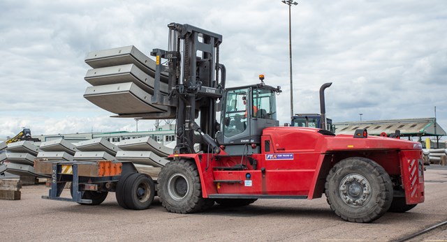 HS2 tunnels segments on a forklift, Pacadar Thamesport