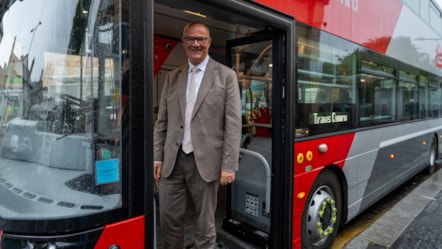 Deputy Minister for Transport Mark Hooper at the launch of 30 new TrawsCymru buses in Aberystwyth-11