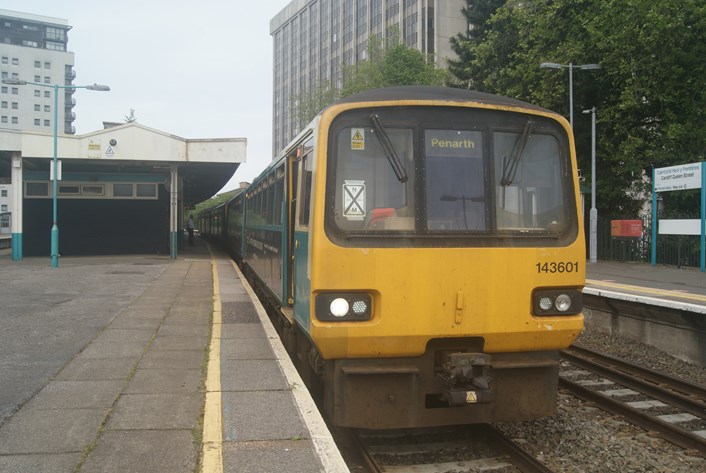 Class 143 Pacer 143601 at Cardiff Queen Street, 28 May 2021