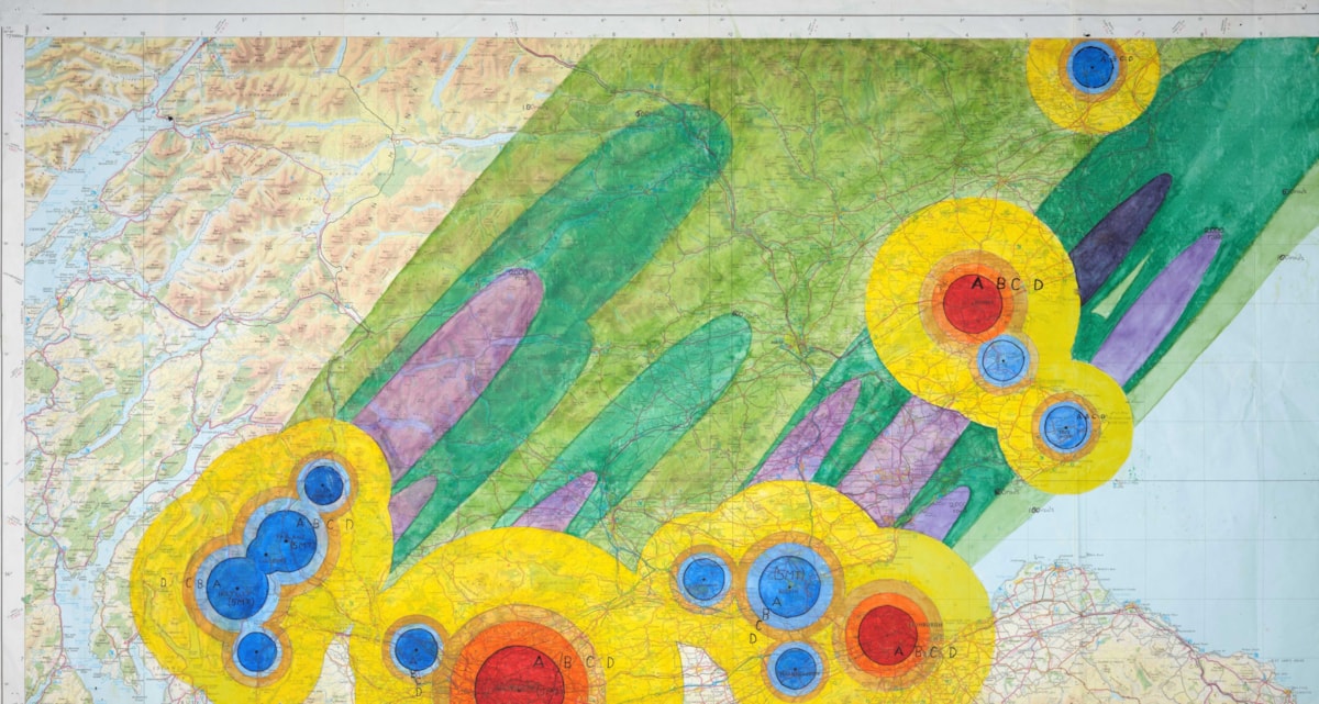 OS map of central Scotland marked to how potential impact of nuclear attack, c.1980s. Image © National Museums Scotland