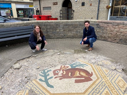 Brewery Court, Cirencester - Hare Mosaic Replica: Pictured (left to right): Cllr Rebecca Halifax Cirencester Park County Councillor and Cllr Joe Harris, Leader of Cotswold District Council and Cirencester Beeches County Councillor.
