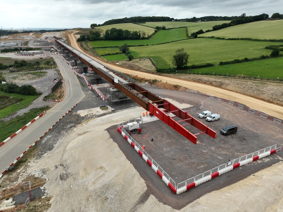 Aerial image of completion of 8 month Wendover Dean Viaduct deck slide Aug 2024