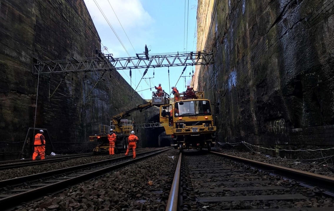 Road Rail Vehicles working on the collapsed wall at Liverpool Lime Street