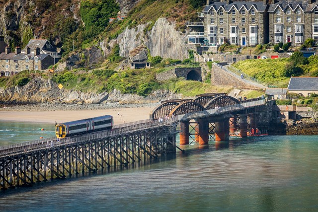 Barmouth Viaduct TfW train passing over  Credit Dom Vacher Oct 2022: Barmouth Viaduct TfW train passing over  Credit Dom Vacher Oct 2022