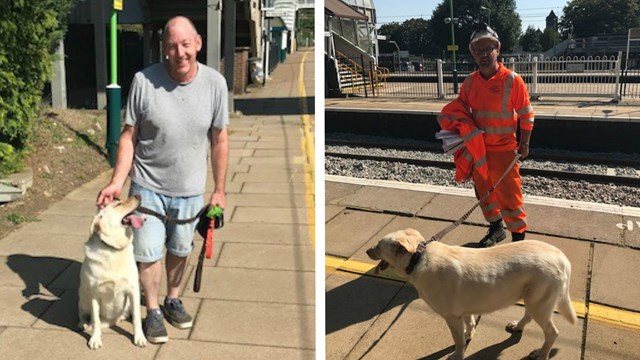 Asha the dog with owner left and rescuer right