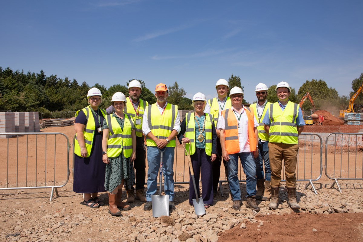 FODDC Chairman Cllr Gooch and Cllr Vesma joined representatives from Platform Housing Group, Tricas Construction Ltd, Homes England and Newent Community School and Sixth Form Centre at the Watery Lane development in Newent.