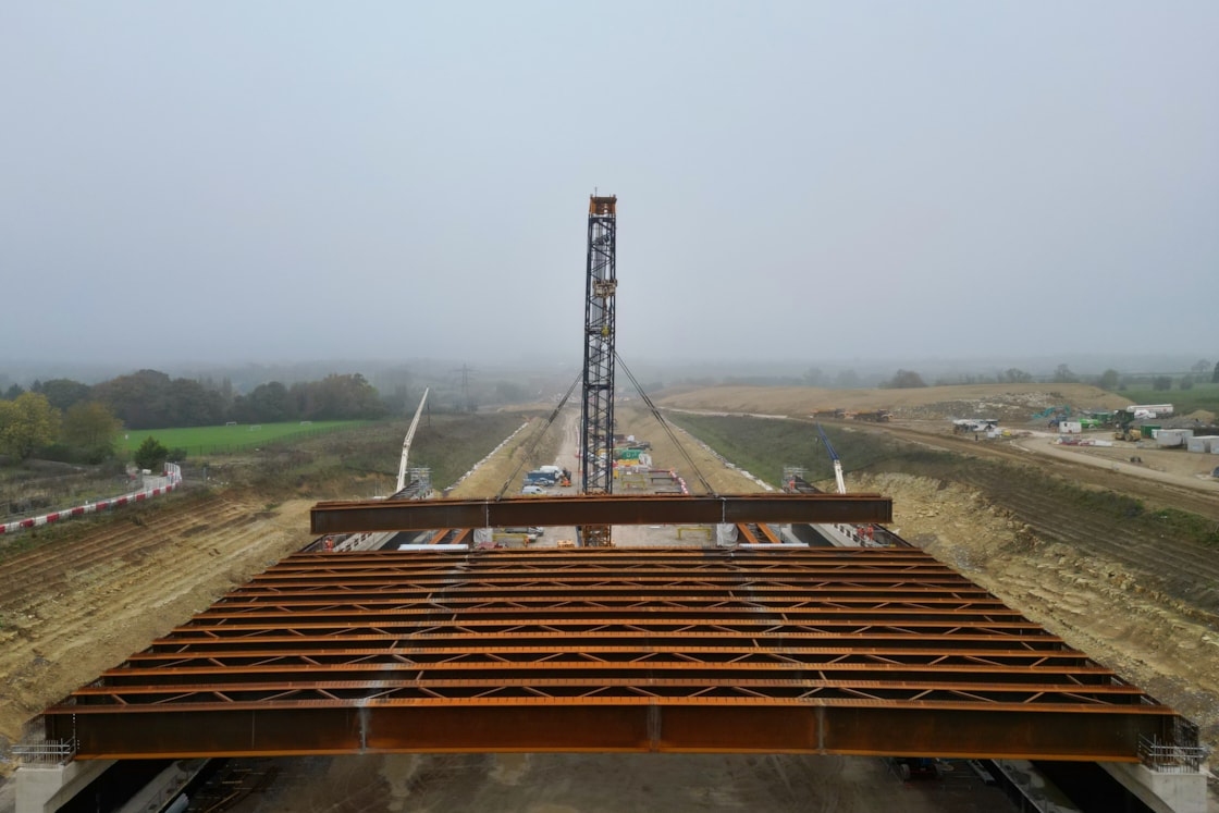 Aerial view of Turweston Green Overbridge beam installation (October 2024) DJI 0094