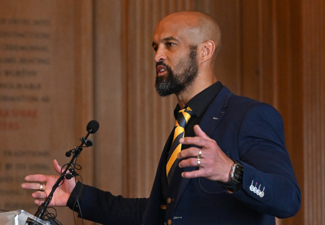 Civic 1: Leeds Rhinos board member and former player Jamie Jones-Buchanan speaking at a civic event held to commemorate the life of the late rugby legend Rob Burrow.