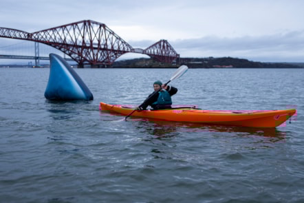 Sami Poole flees a Megalodon in the Firth of Forth ahead of Giants exhibition. Photo © Duncan McGlynn (1)