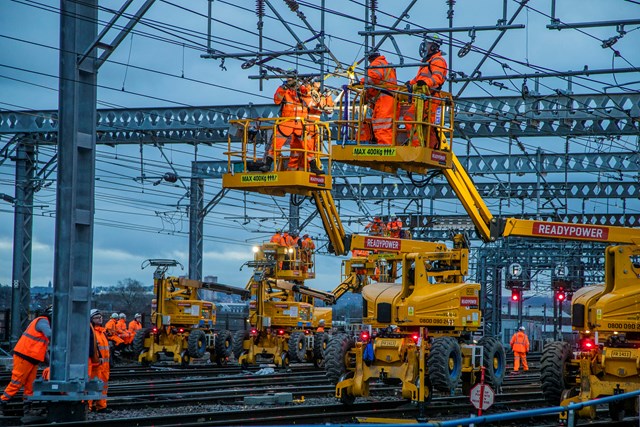 Passengers using East Coast Main Line urged to check before travelling following dewirement: Stock photo of overhead line engineering work, Leeds, Network Rail