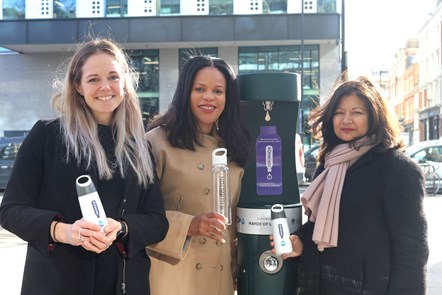 Launch of new Old Street drinking fountain with (L-R)  Fiona Llewellyn, Project Manager of the #OneLess campaign; Cllr Claudia Webbe, Islington Council's executive member for environment and transport; London Deputy Mayor for Environment and Energy Shirley Rodrigues