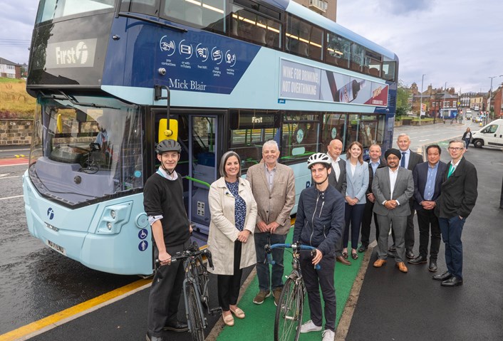 A647 completion celebration 2: In the photo: Cllr Helen Hayden, Cllr James McKenna, Sabby Khaira - LCC, Lem Knowles – LCC, James Bennett - WYCA, Andy Crampton - BAM, Charlotte Blakeley - BAM, Damion Wilkins - BAM, Simon Carlisle, Engineering Director, First West Yorkshire, 
Mohammed Raja, Operations Manager (Bradford depot) First
Frank Dawson- LCC graduate, Thomas Nankivell - LCC graduate