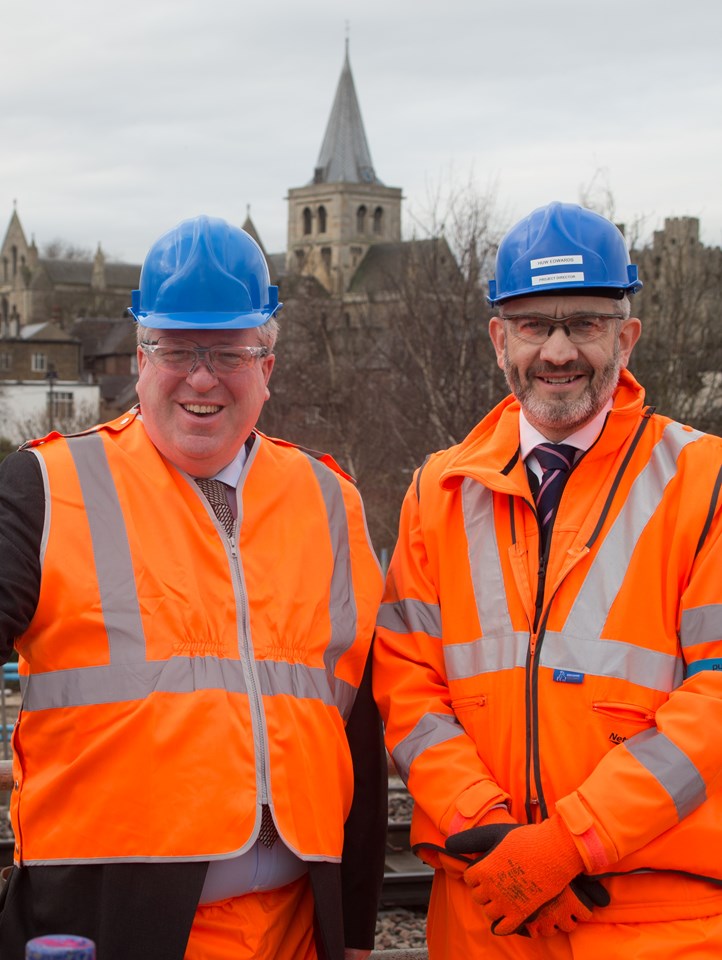 Secretary of State for Transport Patrick McLoughlin and Huw Edwards from Network Rail at the site of Rochester's new station: Secretary of State for Transport Patrick McLoughlin and Huw Edwards from Network Rail at the site of Rochester's new station