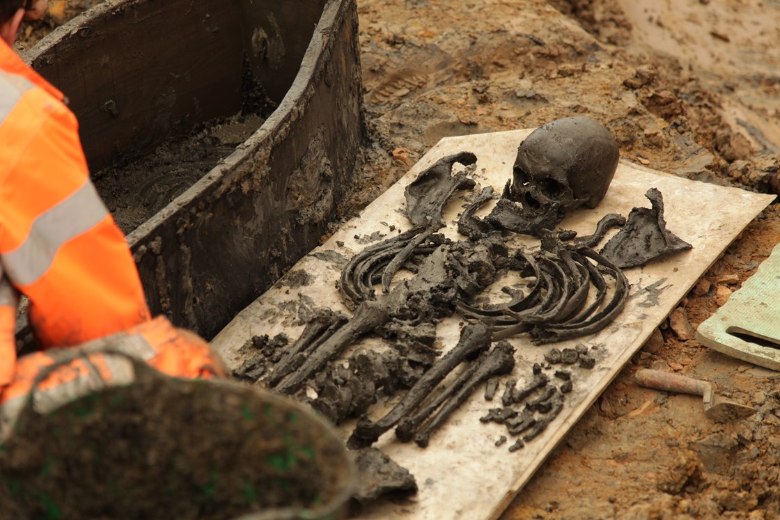 Image of a skeleton excavated at St James's Gardens September 2020: Credit: Lion Studios
(Euston, archaeology, skeleton, Britains biggest dig)