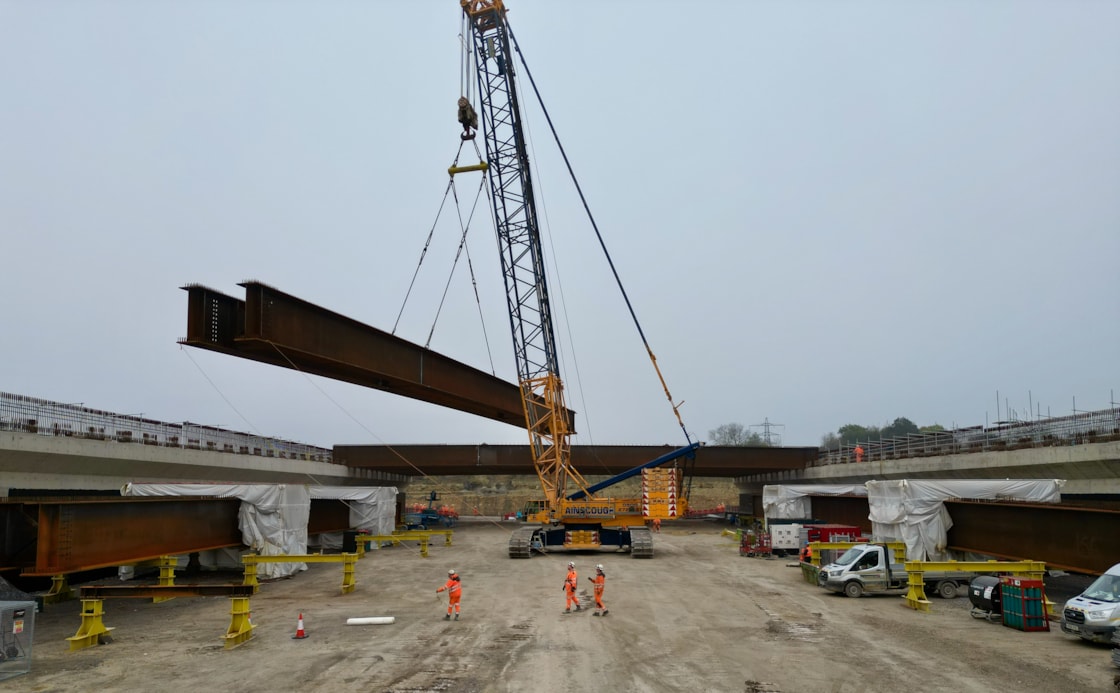 Aerial view of Turweston Green Overbridge beam installation (October 2024) DJI 0085