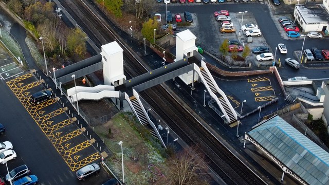 Celebration marks official opening of Port Glasgow station’s new fully accessible footbridge and lifts: Port Glasgow Access for All opening event drone pic 2