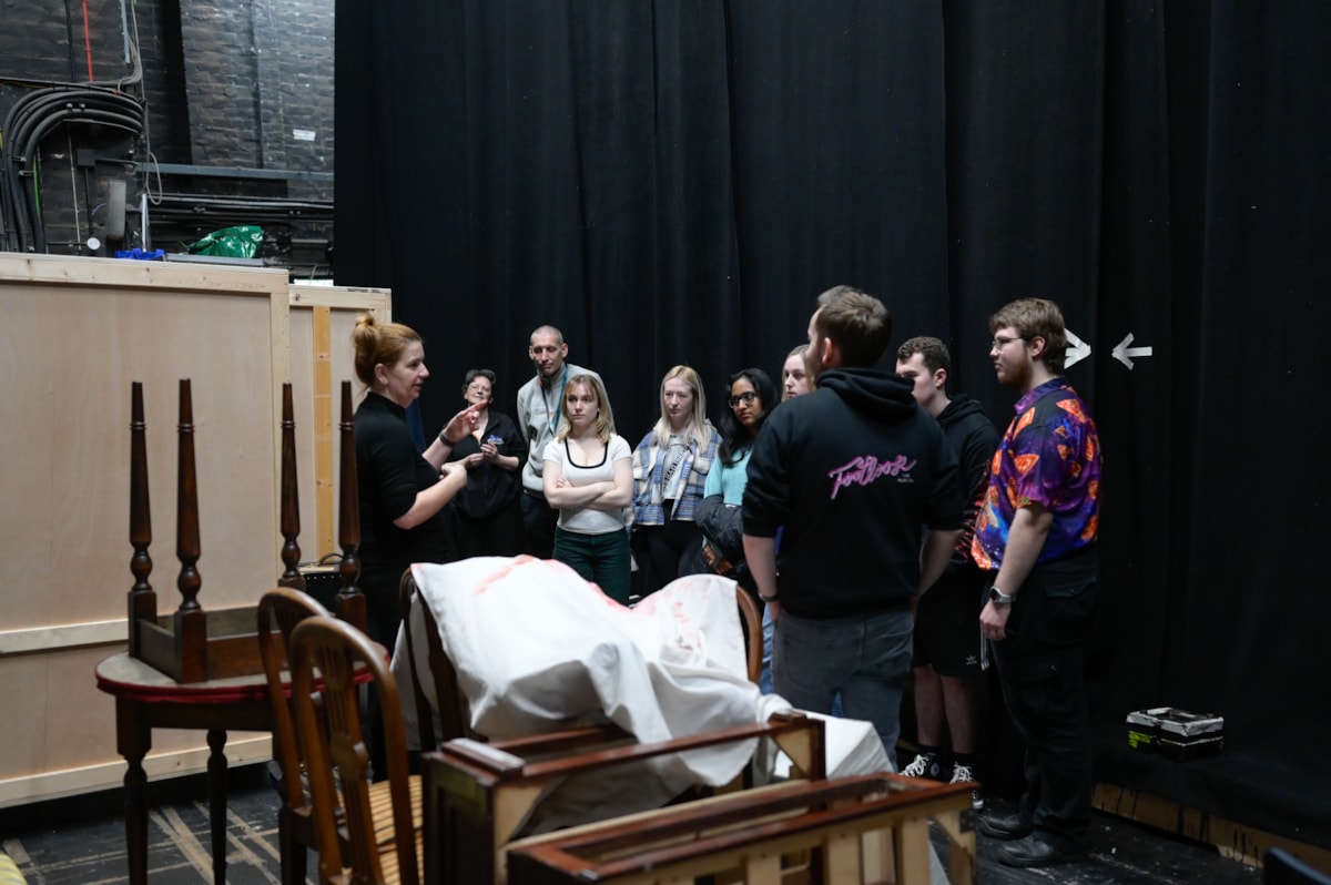 Pupils from St John Henry Newman College in Carlisle go behind the scenes of the stage production of Murder on the Orient Express. Credit Julie Howden.