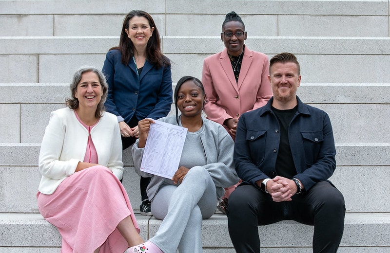 Mayor Caroline Woodley, Cllr Anya Sizer, Deputy Mayor Anntoinette Bramble and Executive Headteacher Adam Hall with student Chantelle (centre) at Cardinal Pole