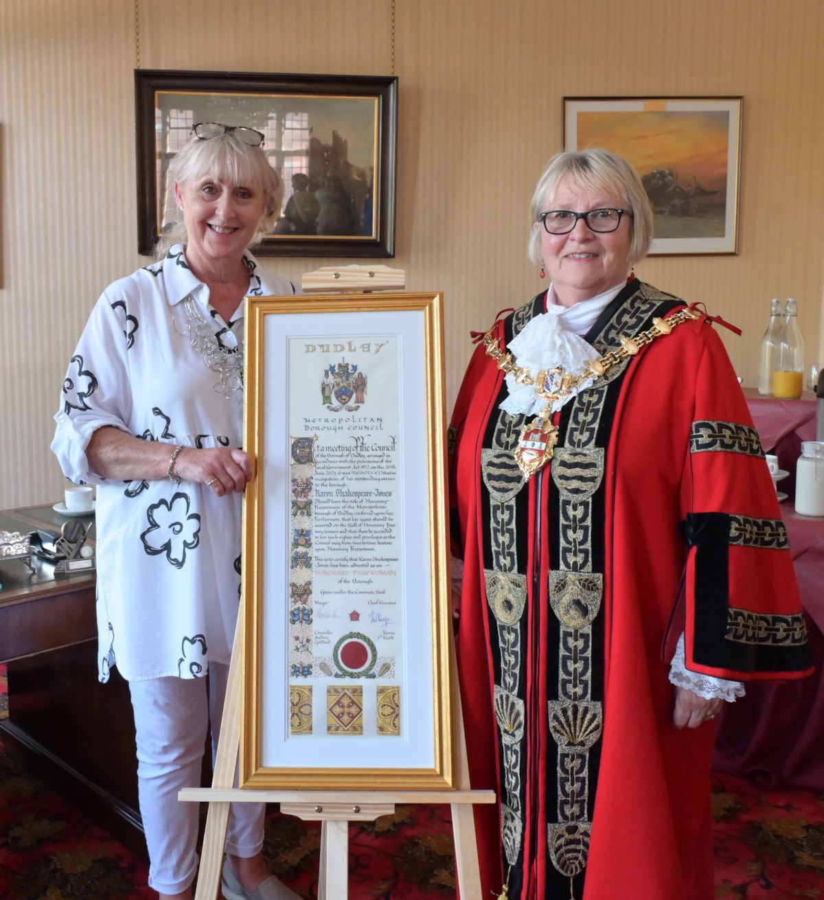 Former Councillor Karen Shakespeare receives Freedom of Dudley borough alongside the Mayor of Dudley Councillor Hilary Bills