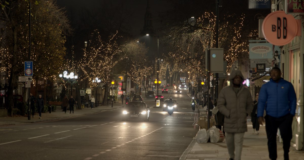 Upper Street Christmas lights near Islington Town Hall