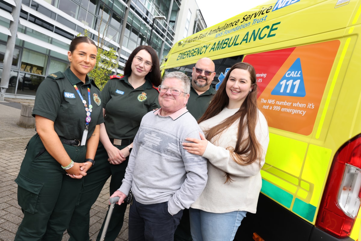 Duncan Stuart reunion in front of ambulance at Bernicia houise