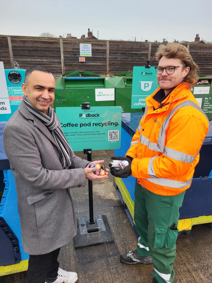 Podback banks at Kirkstall - Cllr Rafique (left) with recycling site assistant Reece Armstrong (right): Cllr Mohammed Rafique (left) with recycling site assistant Reece Armstrong (right) ready to recycle coffee pods at the new facilities at Kirkstall Household Waste Recycling Centre