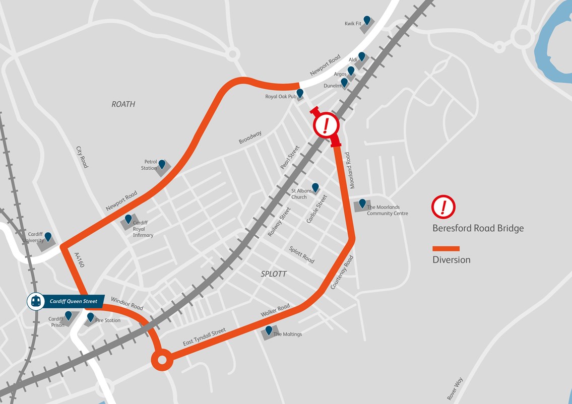 Beresford Road Bridge in Cardiff to temporarily close from this weekend as work to electrify the railway continues: Beresford Road Bridge diversion map