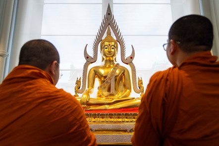 Monks from Edinburgh's Dhammapadipa Temple welcome a buddha to the National Museum of Scotland. The statue is on loan from the temple as part of a new display 'Theravāda Buddhism' opening Saturday 16 September. Credit: Duncan McGlynn