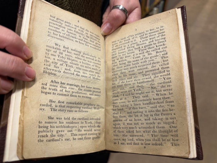 Mother Shipton book: Under threat of being burned at the stake, a defiant Mother Shipton was said to have plucked a handkerchief from her head and thrown it into the fire, proclaiming that if it did not burn, then neither would she.
Sure enough, the hankie survived unburned and suitably impressed, the cardinal’s representatives left her unharmed.