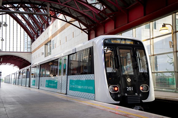 TfL Image - New DLR train being tested near Canary Wharf