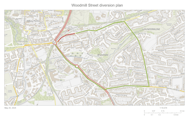 Woodmill Street Diversion Plan: Signposted diversion route during Woodmill Street road closure.