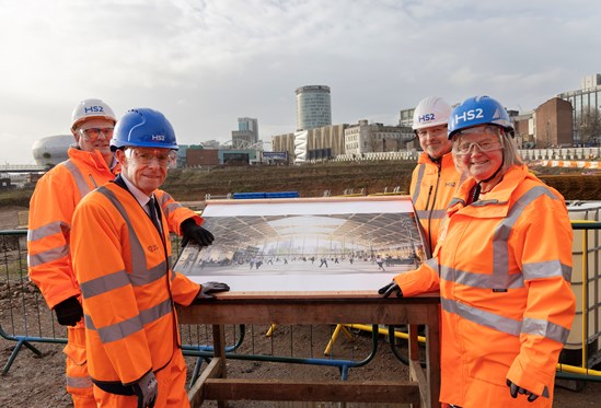 Celebrating the start of construction of HS2's Curzon Street Station in Birmingham: L-R Martyn Woodhouse (MDJV Project Director), Andy Street (West Midlands Mayor), Dave Lock (HS2 Project Client), Liz Clements (Transport Member, Birmingham City Council)