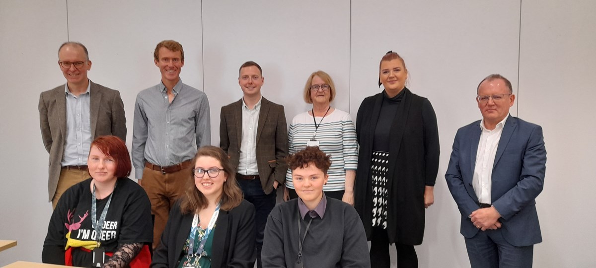 Front (from left) Career Ready interns Alex Kelly, Evelyn Rylance, and Isla Ross, with (back from left) Moray Council Project Manager  for Education, Robin Patterson, Colin Baird from Edrington spirits company, Moray Council Climate Change Strategy Officer, George Gunn, Moray Council Mailroom Team L