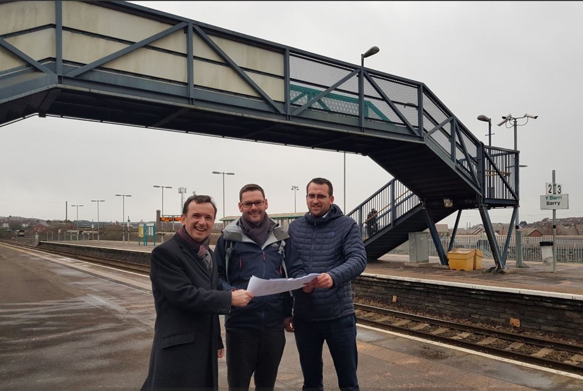 Alun Cairns MP visits Barry and Cadoxton stations: L-R: Alun Cairns MP for the Vale of Glamorgan met with Dale Crutcher, senior commercial scheme sponsor, and Samuel Hadley, senior public affairs manager for Network Rail