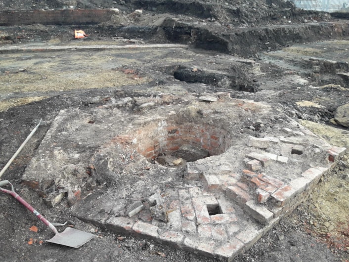 Train station excavation: Remains of the old Marsh Land railway station, believed to include the turntable pivot that was used to turn trains around. Credit CFA Archaeology Limited.