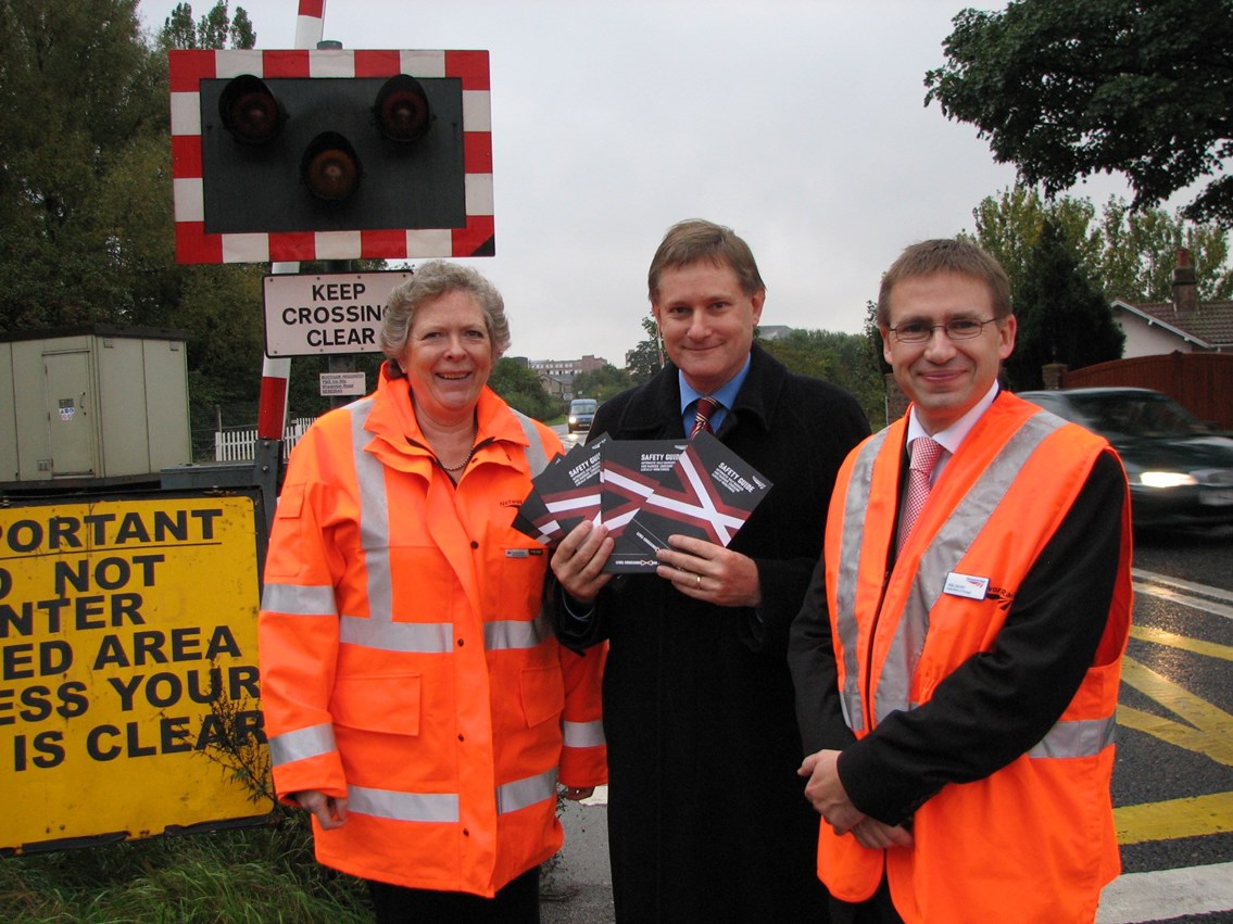 Bootham level crossing - York: Gaynor Farrington, Level Crossing Risk Control Co-ordinator for Network Rail; Hugh Bayley, City of York MP; and Neil Henry, Area General Manager for Network Rail, at Bootham level crossing in York.