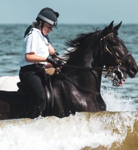 CC Lucy D'Orsi on horseback: A uniformed police officer riding a black horse on a beach, crashing into the waves.