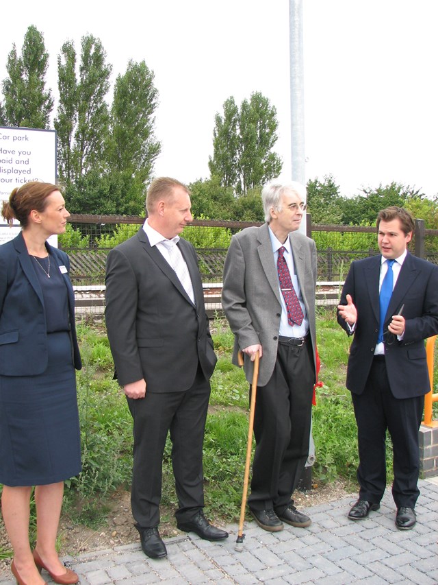 Official opening of Collinghm station car park: L - R  Sarah Turner, route manager east at East Midlands Trains; Gary Allison, area manager at Network Rail; Bob Imnrie from Friends of Collingham Station; and Robert Jenrick Member of Parliament for Newark