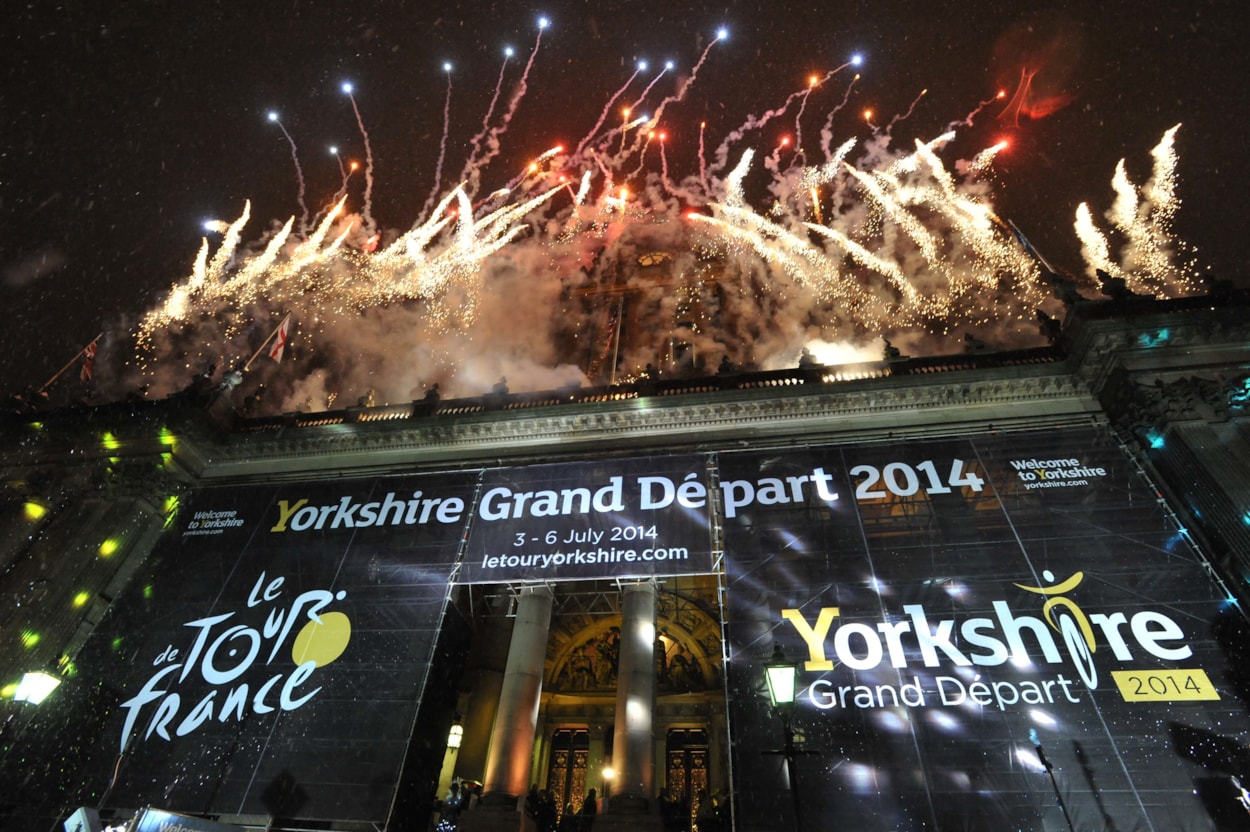 Leodis TdF Gallery: : Fireworks light up the sky above Leeds Town Hall as part of the celebrations event for Leeds hosting the Grand Depart of the Tour de France in July, 2014. Credit Leeds City Council.