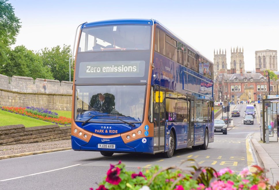 Metrodecker EV in York with Minster behind zero emission display 1080x736