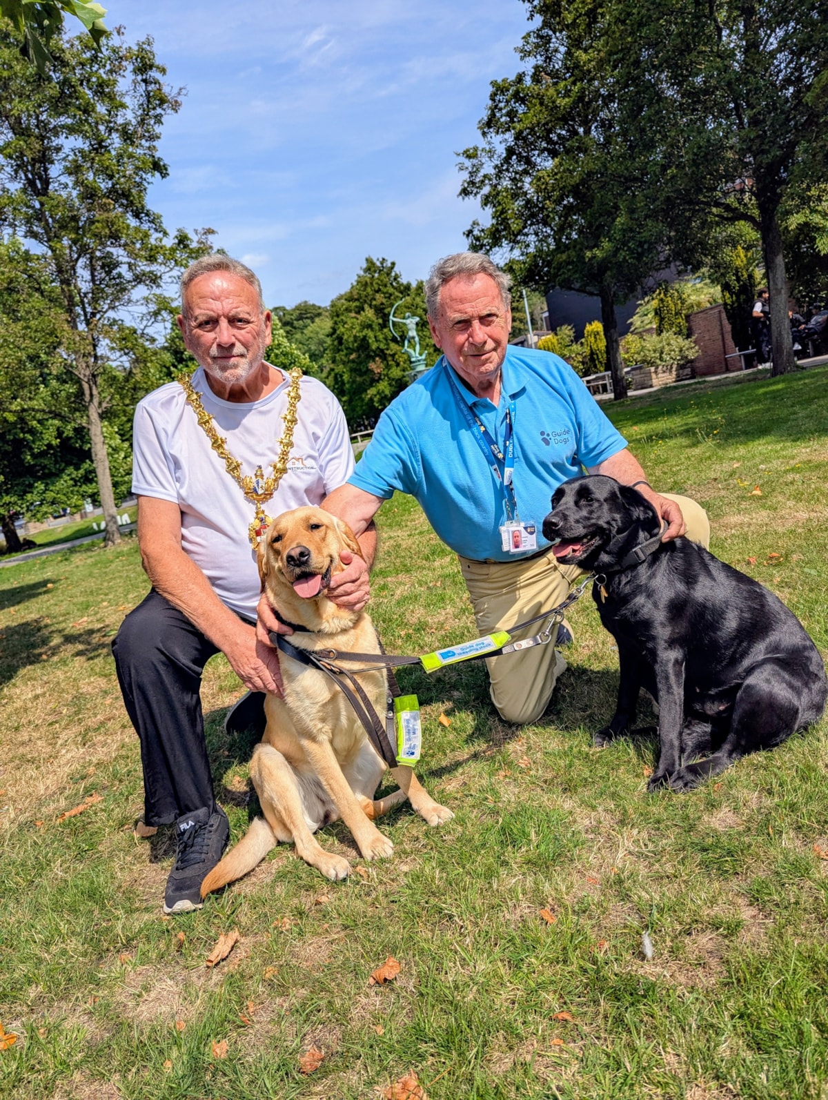 The Mayor of Dudley, Cllr Pete Lee, with Cllr Tony Creed and his two dogs Lizzie (left) and Sadie