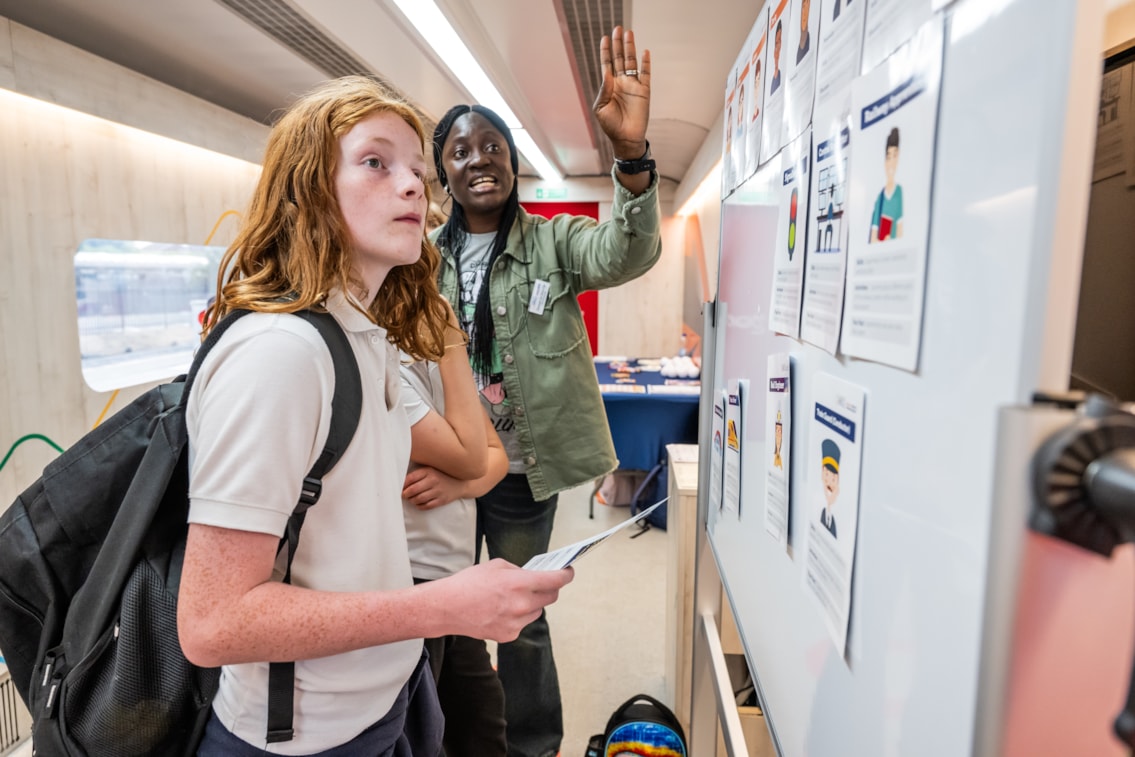 A school pupil explores rail careers on board Inspiration Credit Railway 200 and Jack Boskett