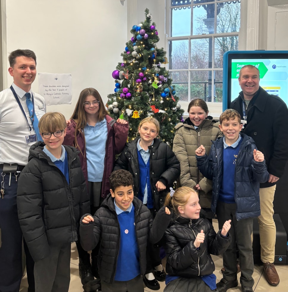 Malton station Yr 6 pupils at St Mary's Catholic Primary school with Andy Watkins TPE's Community Manager