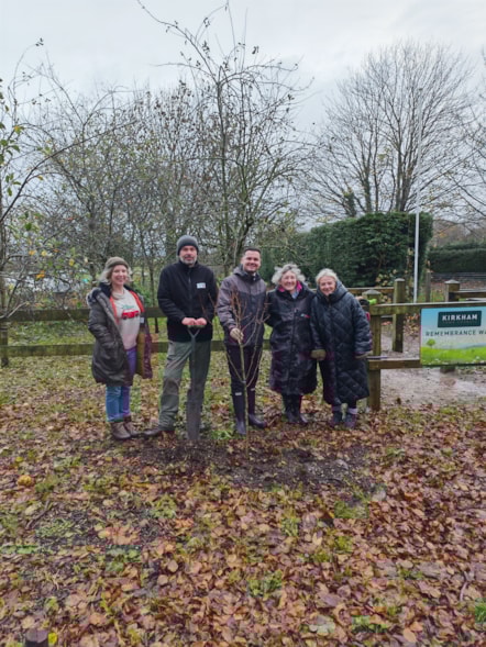 Councillor Joshua Roberts, Lancashire County Council's cabinet member for Rural Affairs, Environment and Communities, Ian Wright from the Lancashire County Council's Treescapes team and Kirkham Town Council’s Clerk Liz Squires, Cllr Maggie Ledger LPAOS and Kirsty Reader, Admin Support Officer, for the first planting session of the season on Remembrance Way